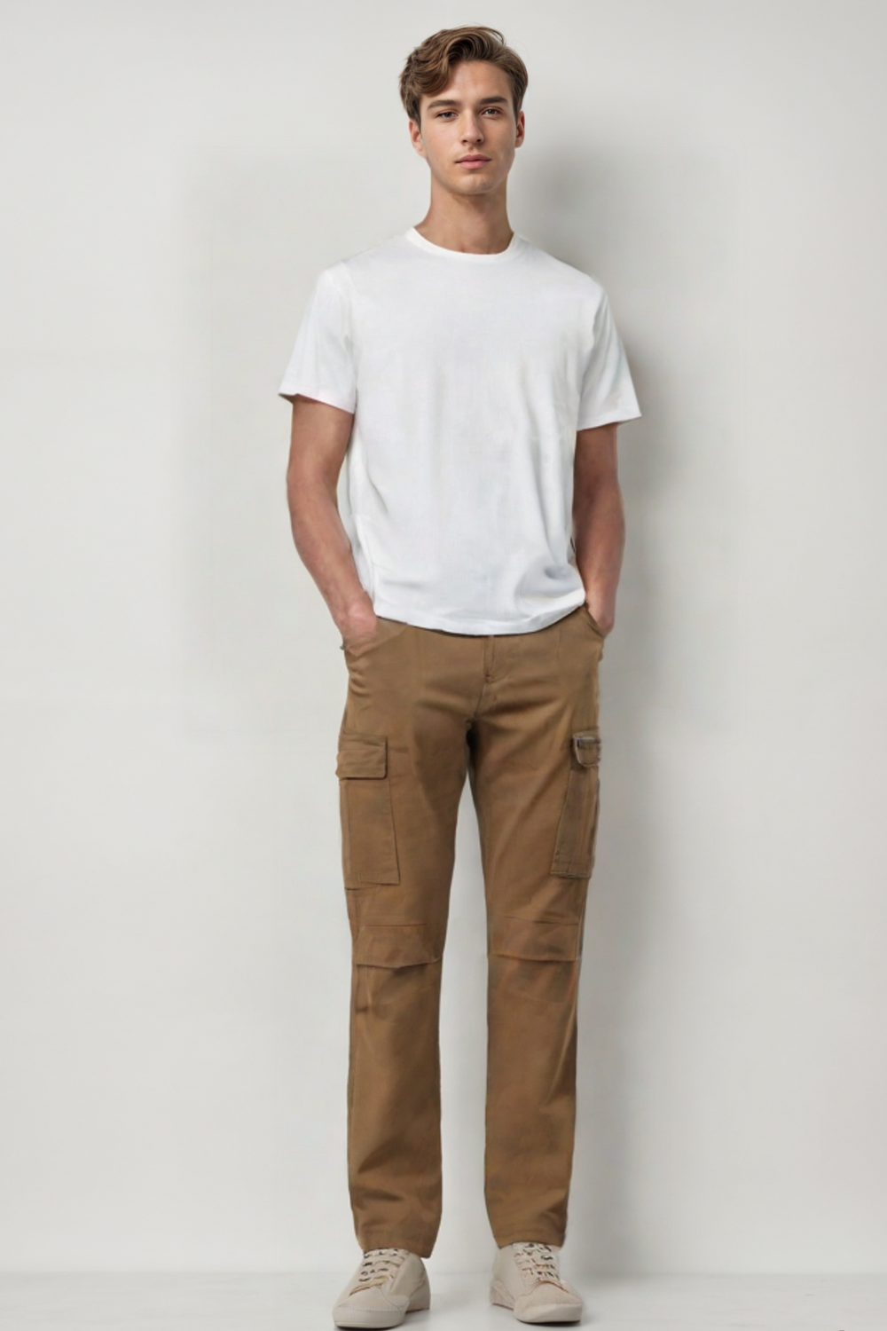 MENS STRETCH TWILL CARGO PANTS WITH PEACH EFFECT - TOBACCO