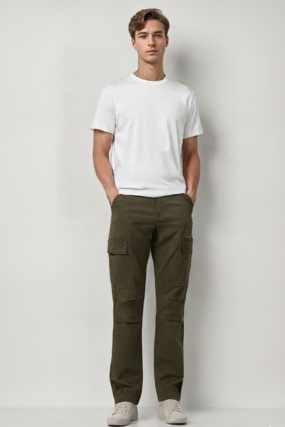 MENS STRETCH TWILL CARGO PANTS WITH PEACH EFFECT - OLIVE