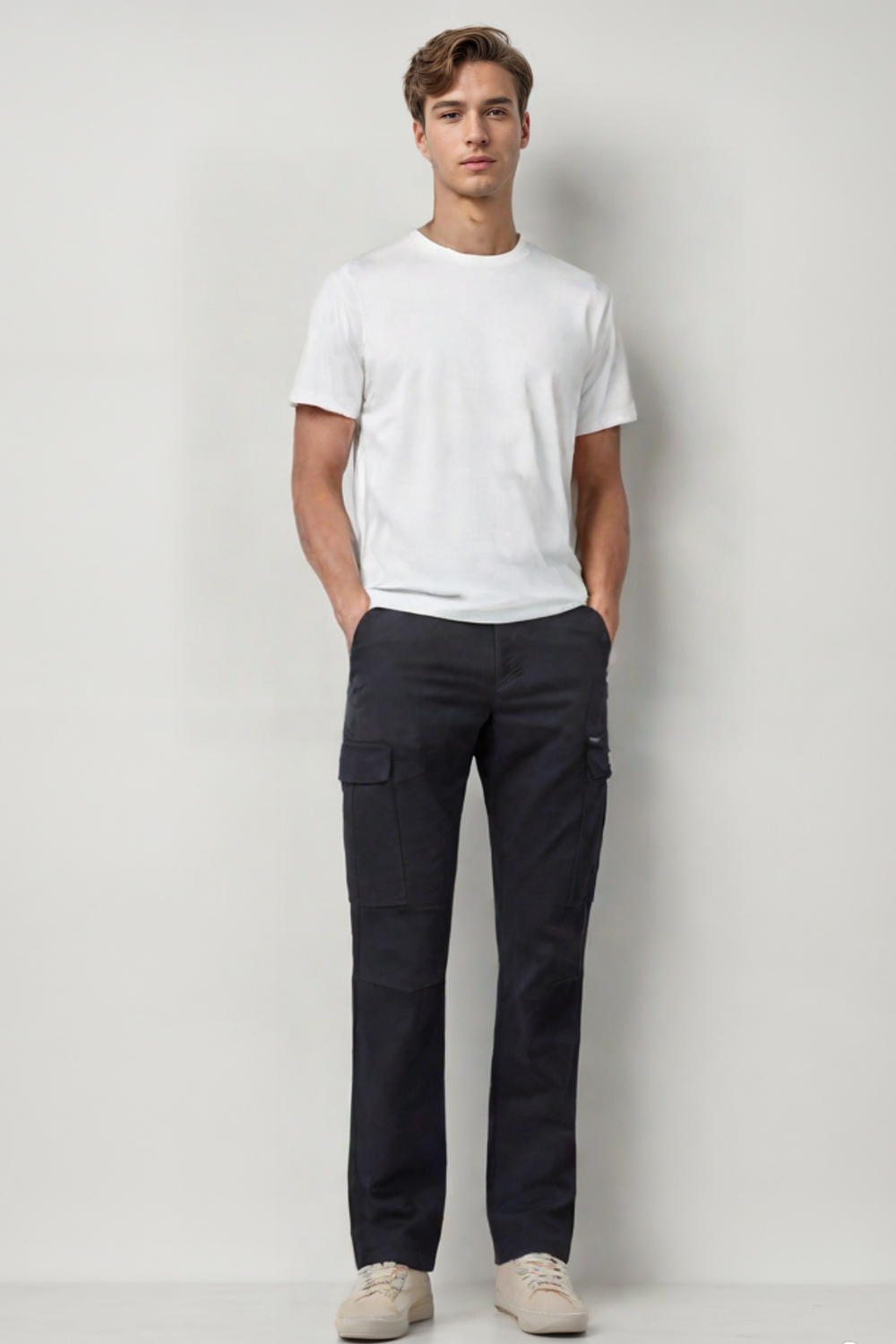 MENS STRETCH TWILL CARGO PANTS WITH PEACH EFFECT - BLACK